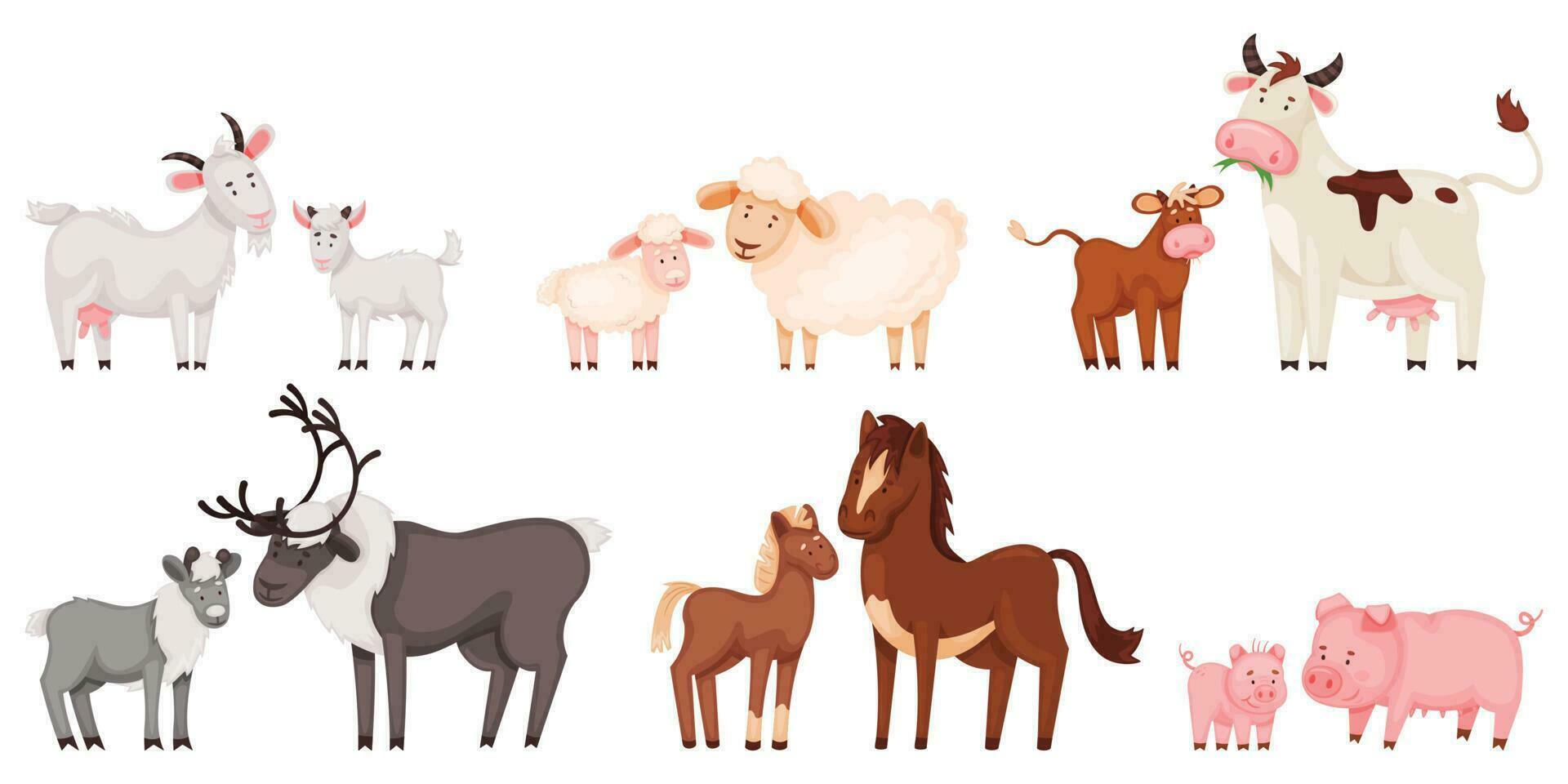 dessin animé ferme animal famille, mignonne bébé animaux et leur mères. mère porc avec peu porcelet, mouton et agneau, vache et veau vecteur ensemble