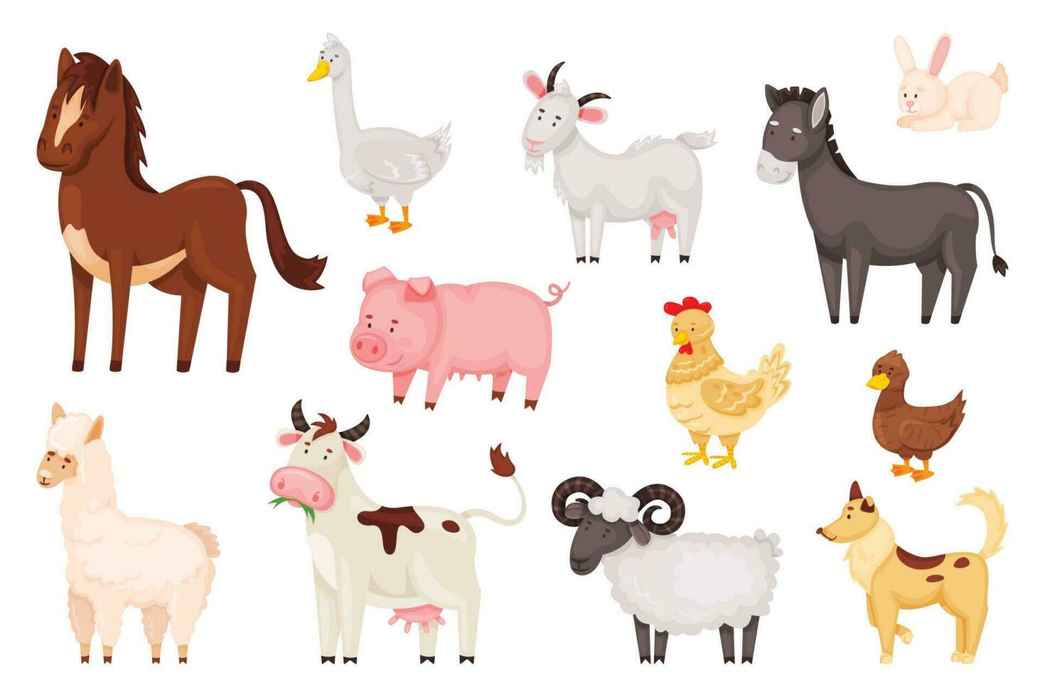 dessin animé mignonne ferme animaux et des oiseaux, rural national bétail. mouton poulet canard, lapin, oie, vache, âne, chèvre, cochon, cheval vecteur ensemble