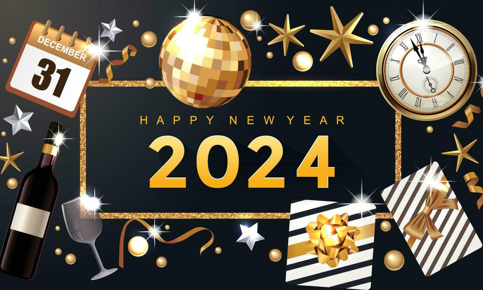2024 Nouveau année de fête arrière-plan, d'or cadres, élégant Nouveau année, horloge, flocons de neige, cadeau des boites avec une arc, décorations, Champagne bouteille vecteur