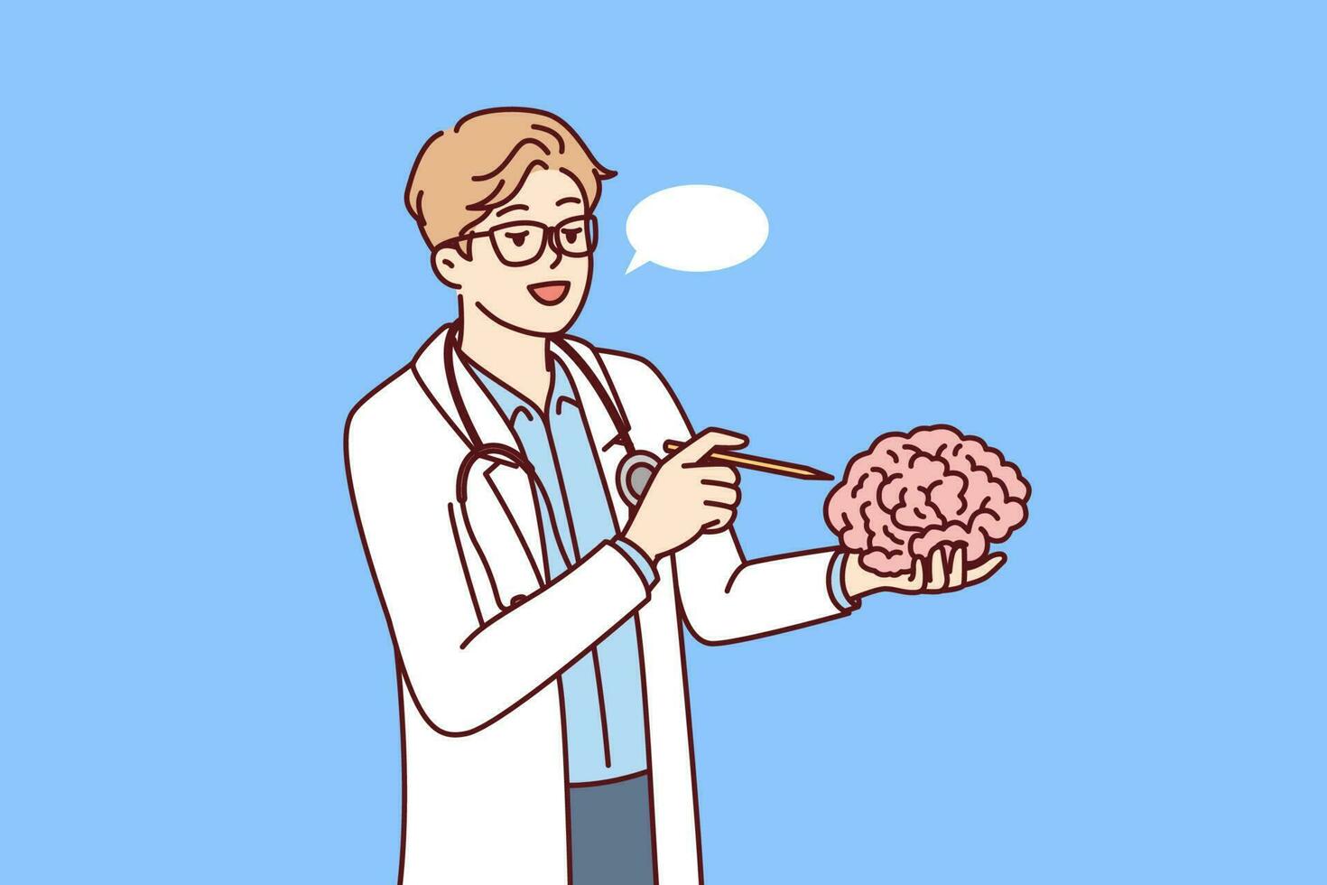 médecin détient cerveau dans main expliquant travail de les neurones à élèves de médical Université ou université. concept en train d'étudier Humain cerveau à trouver possibilité de traiter Alzheimer maladie ou démence vecteur