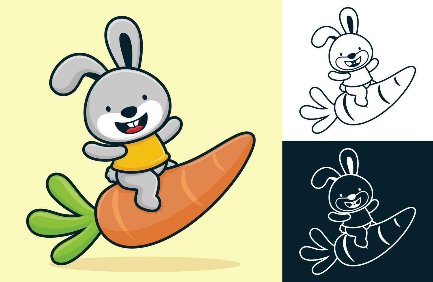 marrant lapin équitation gros carotte. vecteur dessin animé illustration dans plat icône style
