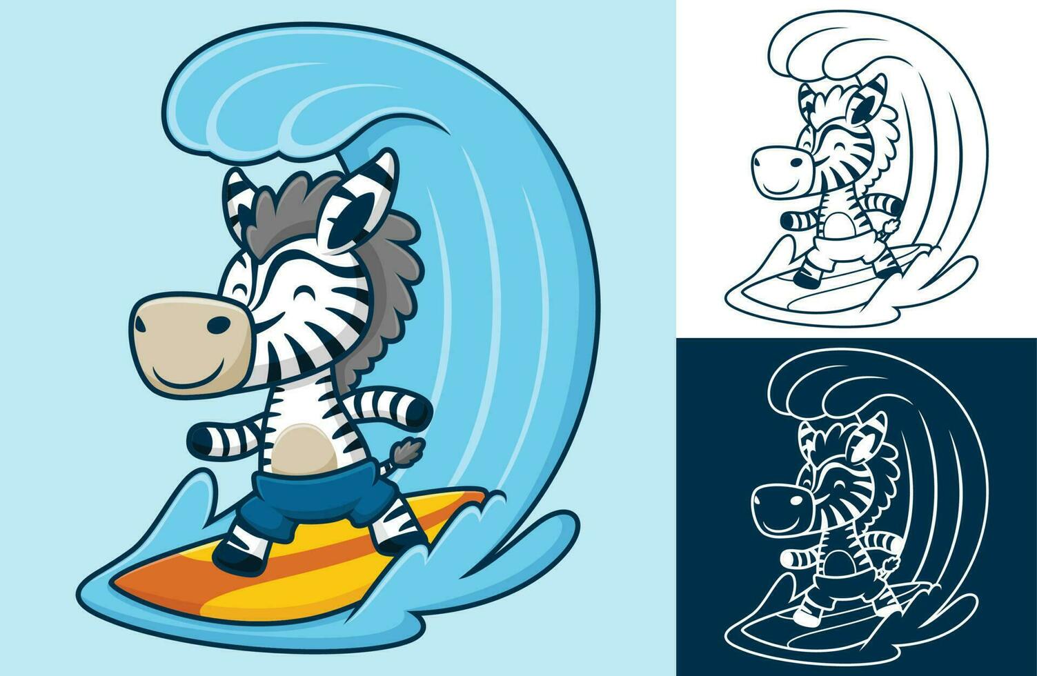 marrant zèbre surfant dans gros vague. vecteur dessin animé illustration dans plat icône style