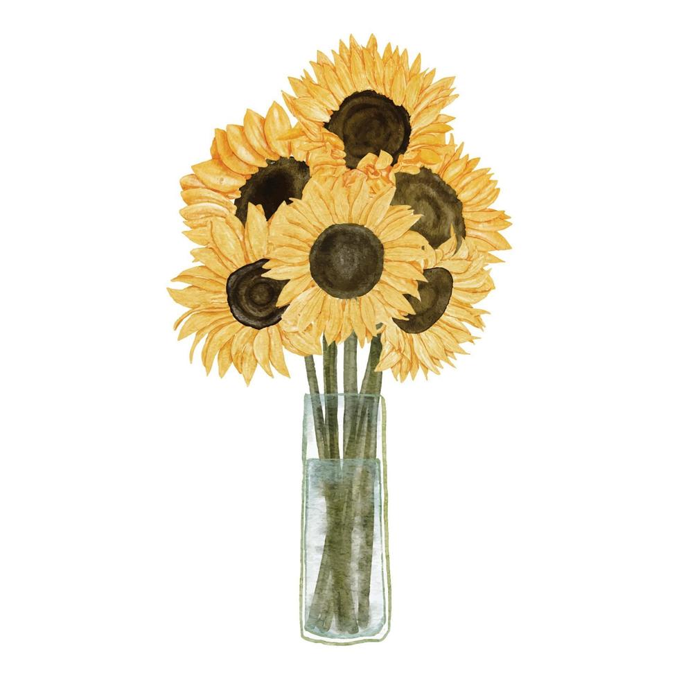 illustration de bouquet de tournesol aquarelle avec vase en verre vecteur