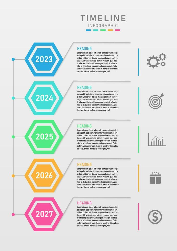 5 ans chronologie infographie vertical. multi coloré hexagone Nombres. la gauche ligne et indiquer, droite icône, conception pour entreprise, commercialisation, finance, investissement, produit. vecteur