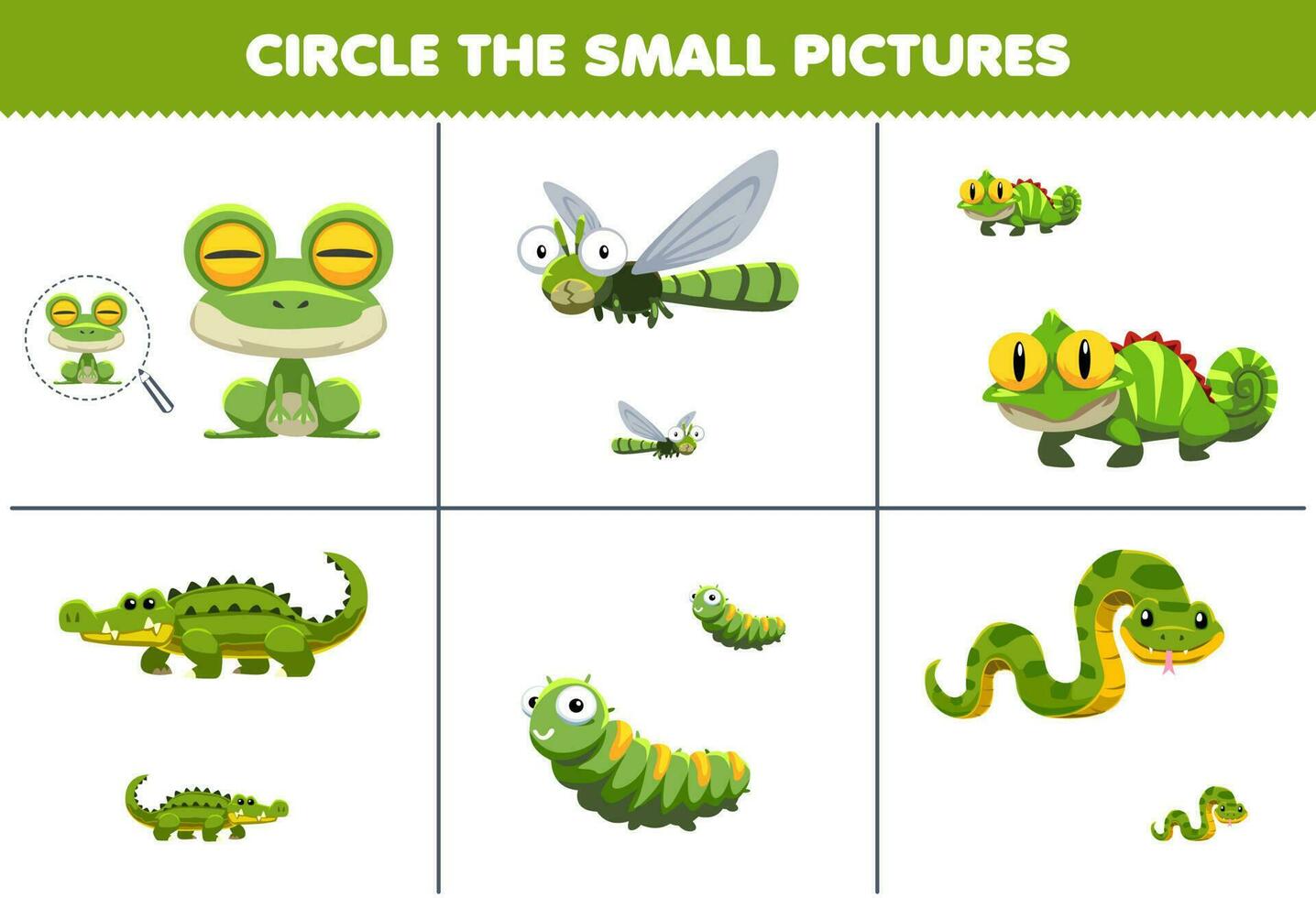 éducation Jeu pour les enfants cercle le petit image de mignonne dessin animé grenouille libellule iguane crocodile chenille serpent imprimable animal feuille de travail vecteur