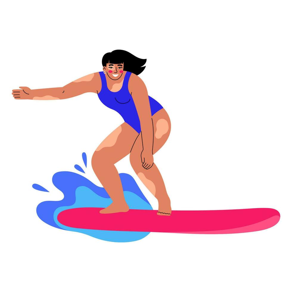 femelle personnage surfant. surfeur permanent sur planche de surf dans vague. plat vecteur illustration sur blanc Contexte.