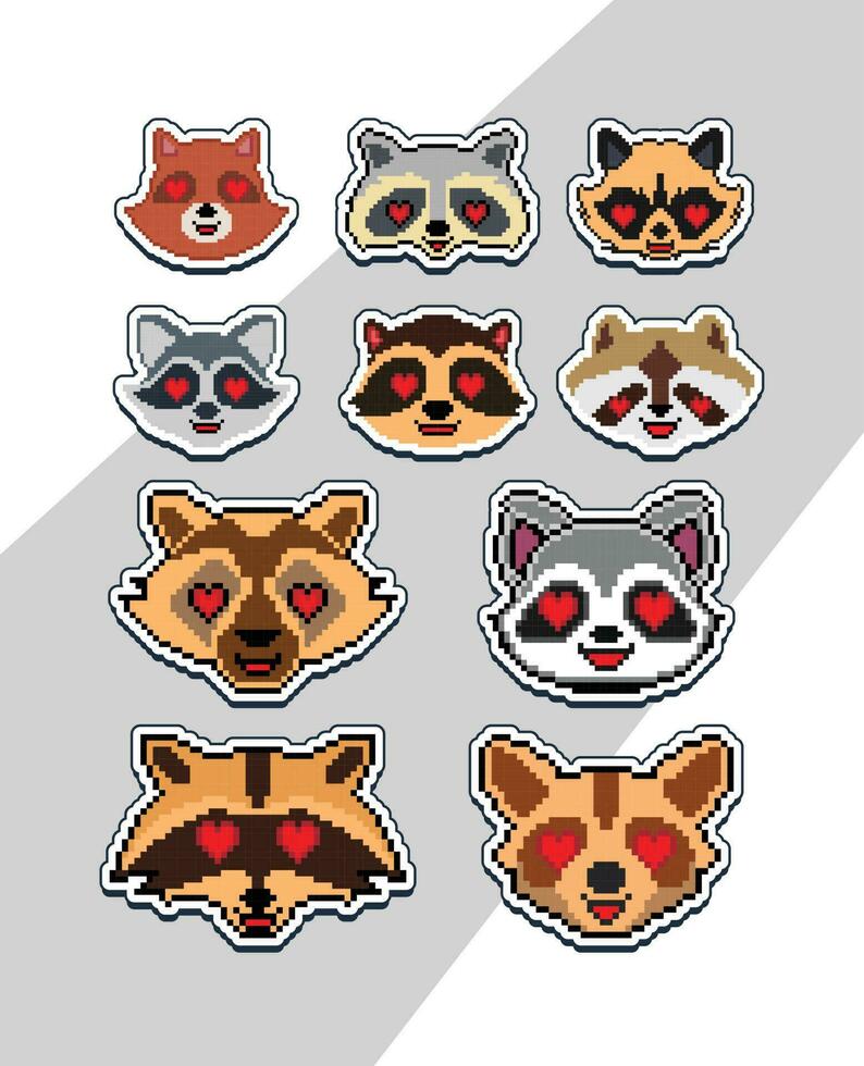 pixel art raton laveur visages emoji autocollant pixel autocollant conception vecteur