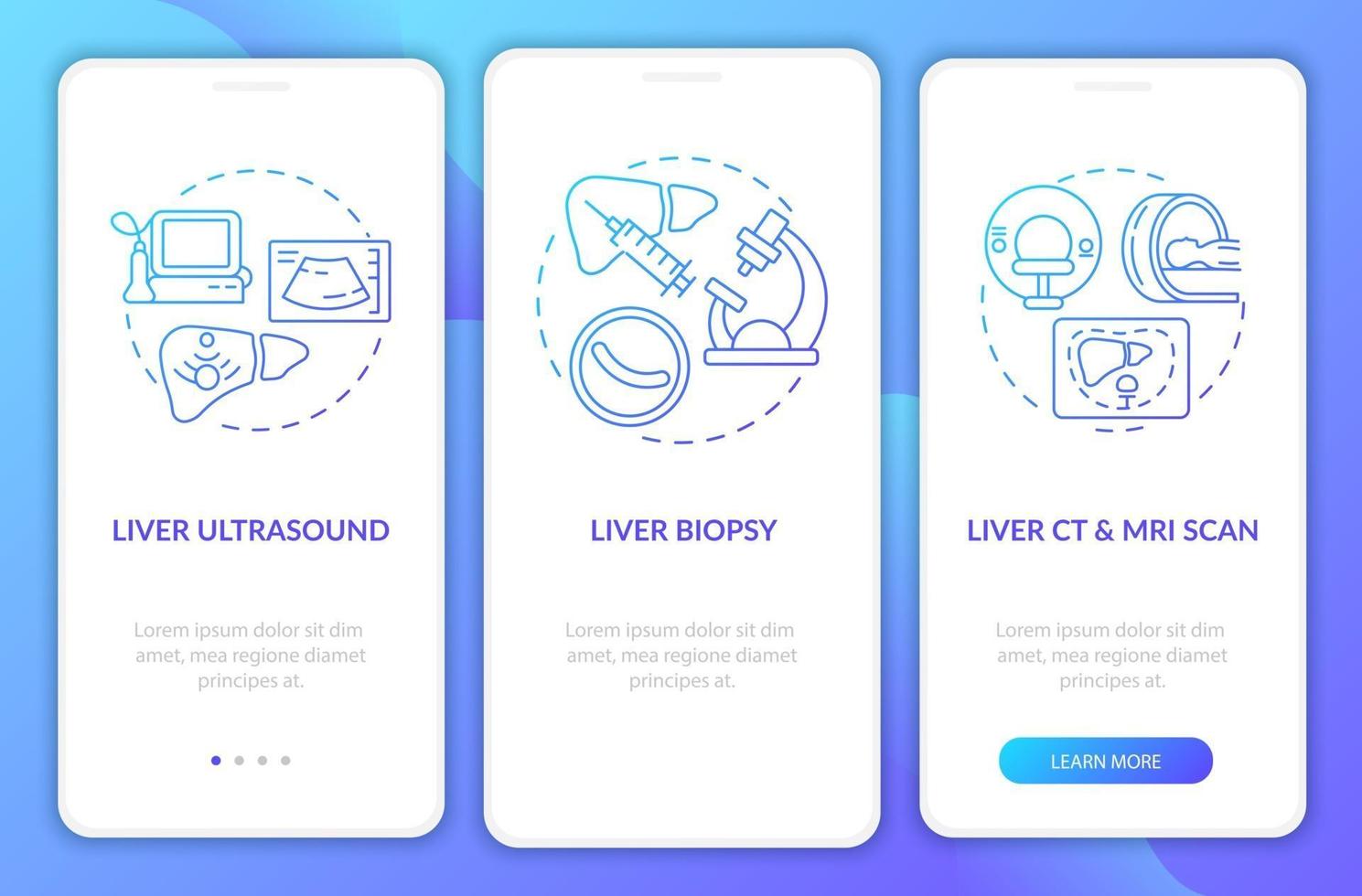 Écran de la page de l'application mobile d'intégration de l'examen du foie avec des concepts vecteur