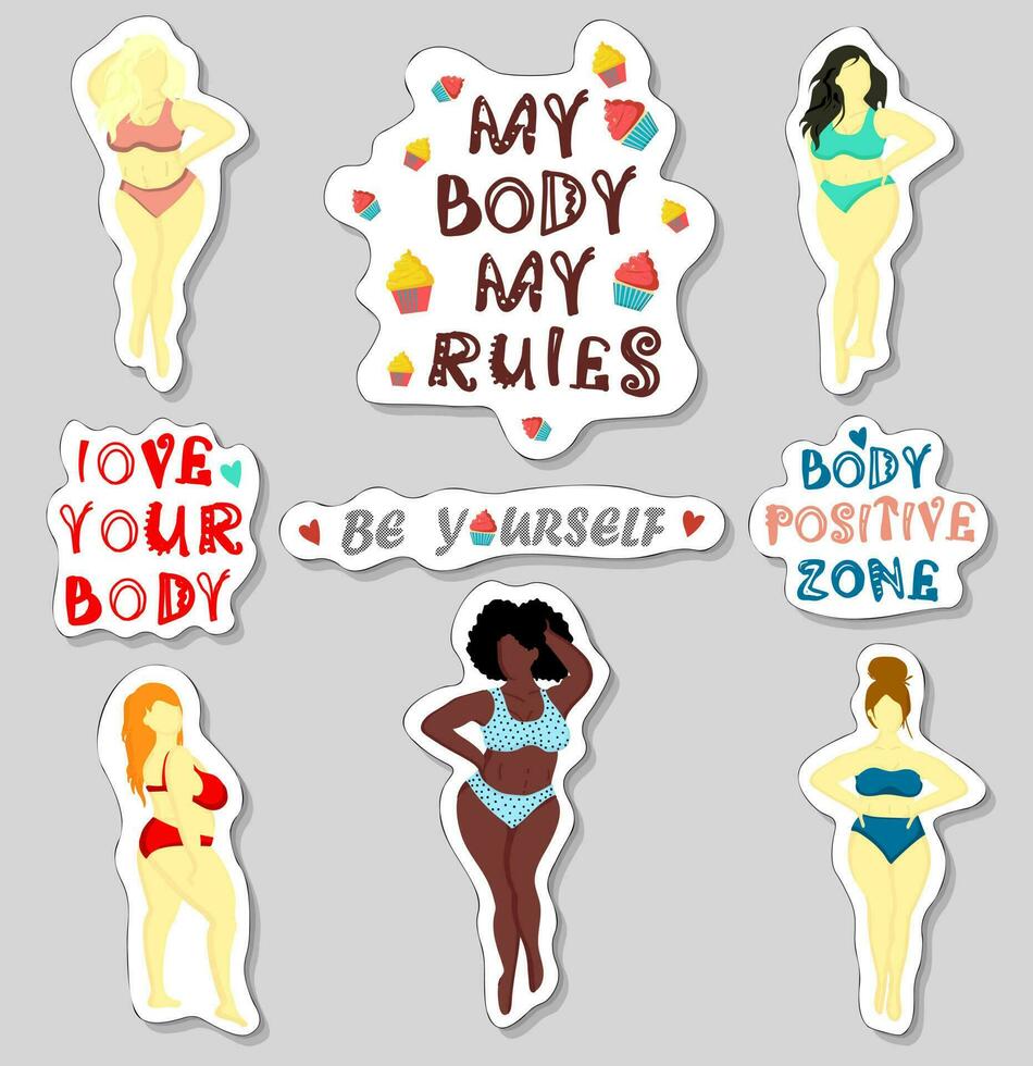 mon corps est mon règles. une ensemble de autocollants avec en surpoids femmes et de motivation les inscriptions à propos poids et poids perte. vecteur
