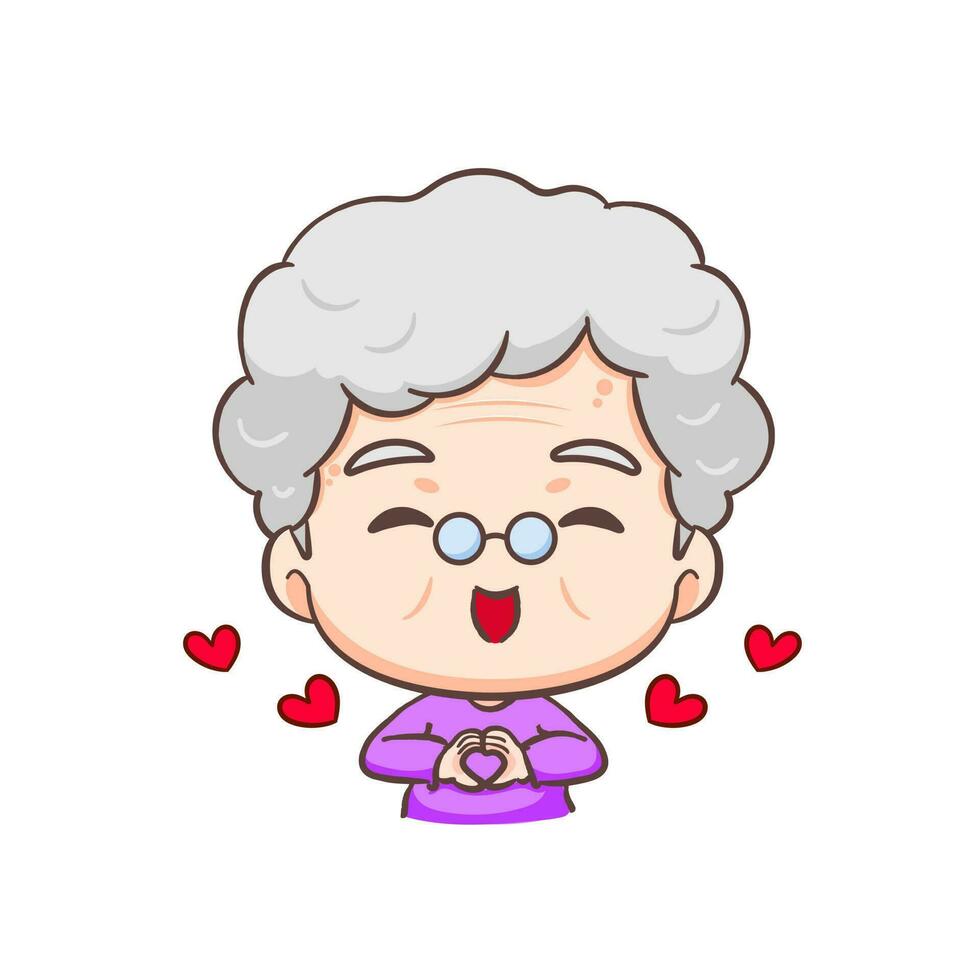 mignonne grand-mère dessin animé personnage. grand-mère avec l'amour main signe. gens famille concept conception. isolé blanc Contexte. vecteur art illustration