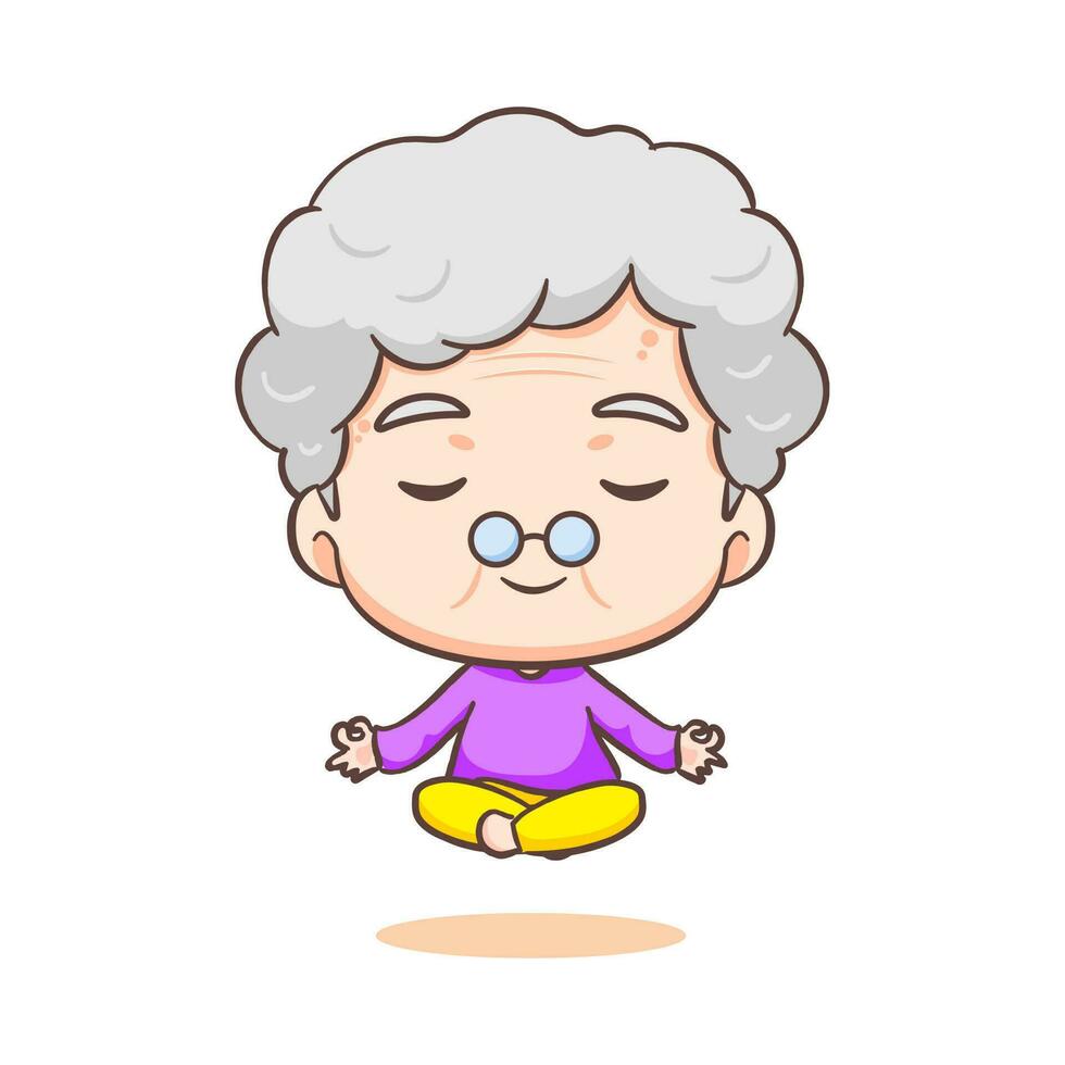 mignonne grand-mère dessin animé personnage. grand-mère Faire méditation yoga. sport concept conception. isolé blanc Contexte. vecteur art illustration