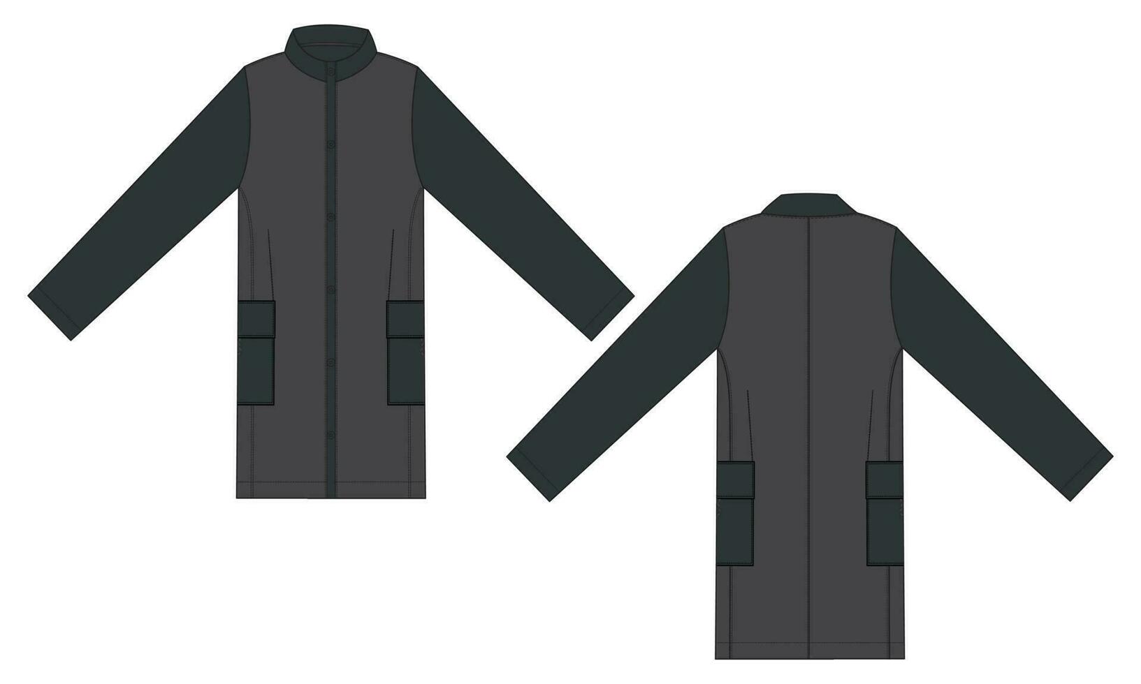 longue manche le genou longueur manteau veste technique dessin mode plat esquisser vecteur illustration modèle de face et retour