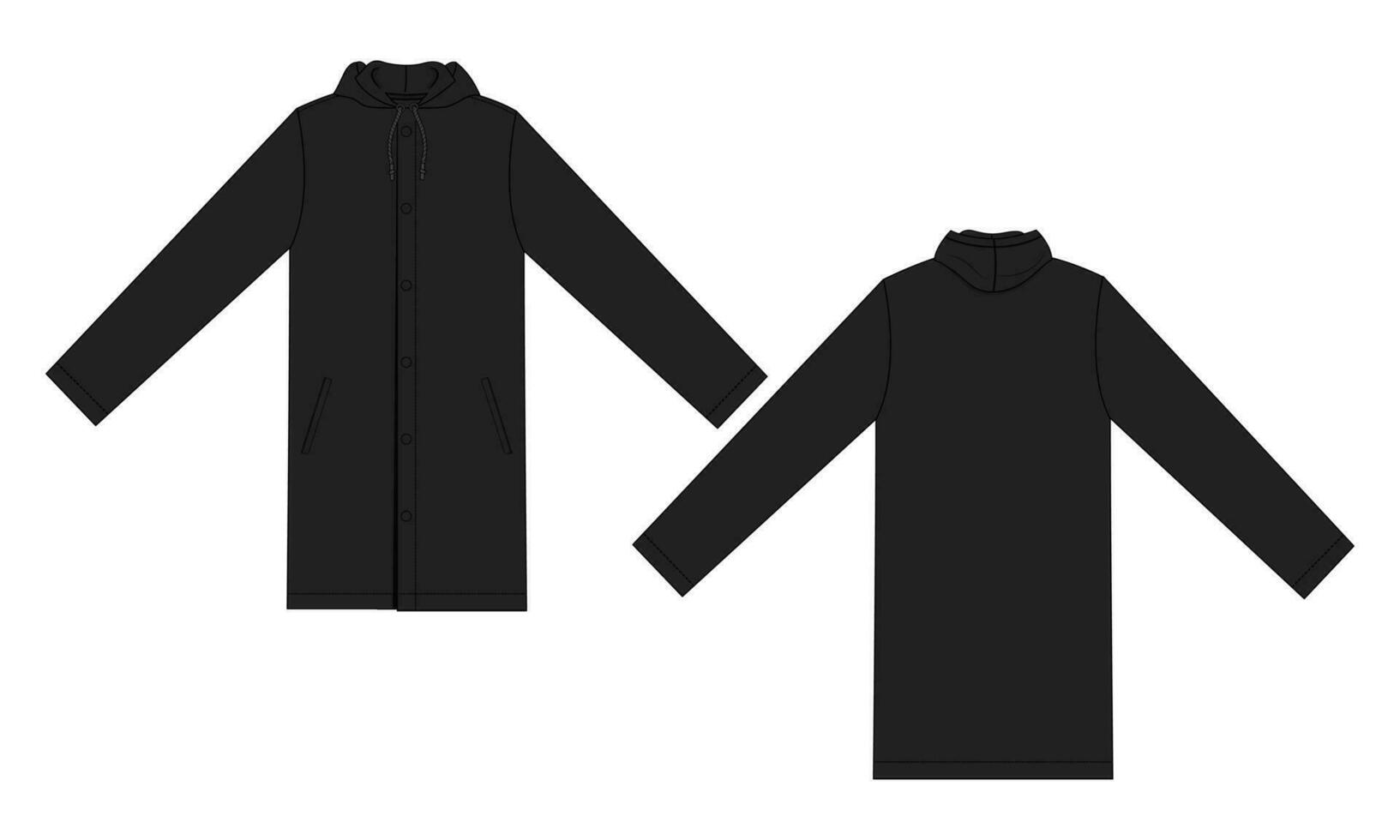longue manche sweat à capuche manteau technique dessin mode plat esquisser vecteur illustration noir Couleur modèle de face et dos.