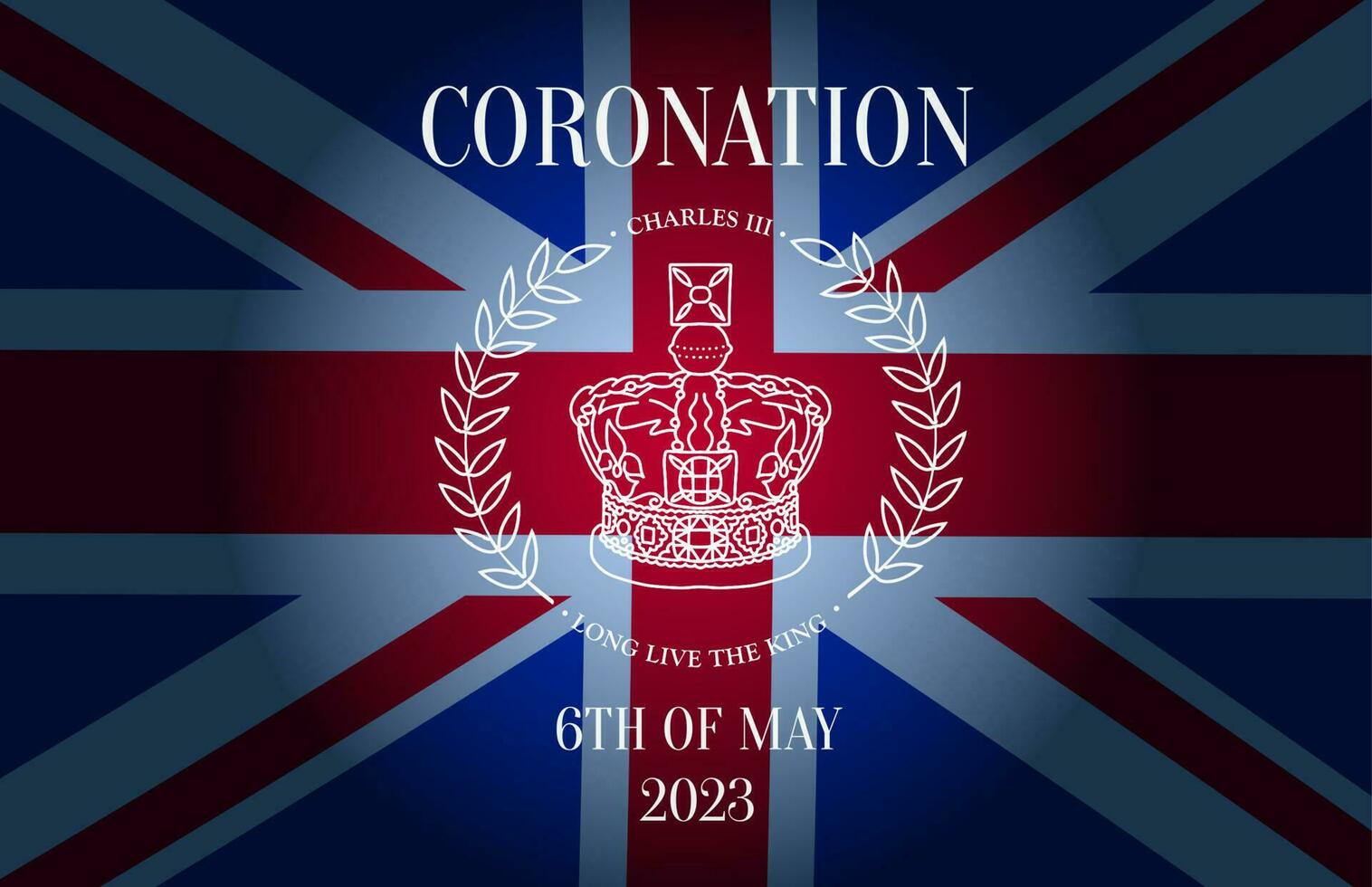 Charles le troisième couronnement bannière ou salutation carte avec couronne , laurier couronne sur le Britanique drapeau. vecteur illustration