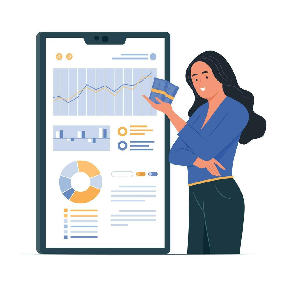 femme en portant argent et téléphone intelligent avec en ligne investir rapport concept illustration vecteur