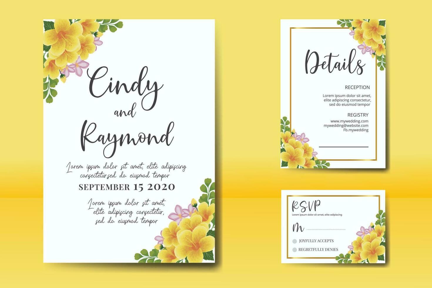 mariage invitation Cadre ensemble, floral aquarelle numérique main tiré Jaune hibiscus fleur conception invitation carte modèle vecteur