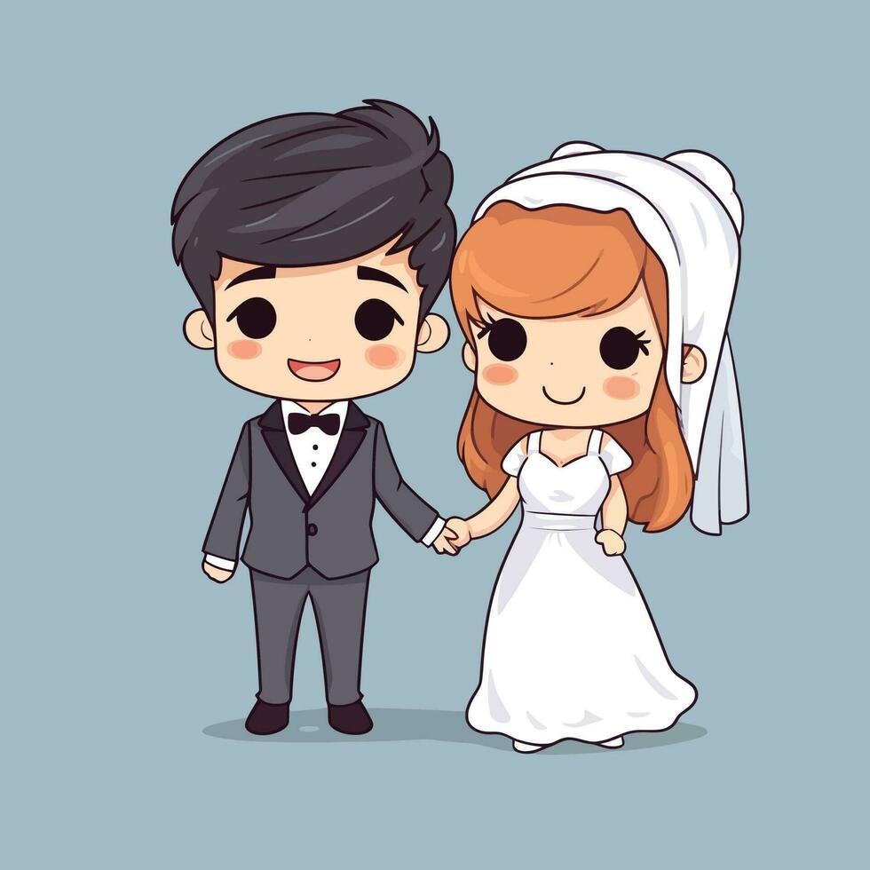mignonne kawaii mariage chibi mascotte vecteur dessin animé style mariage