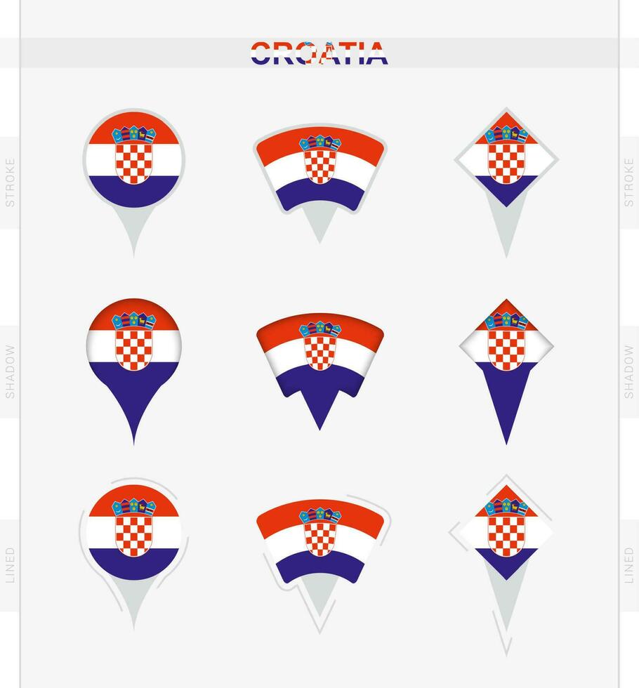 Croatie drapeau, ensemble de emplacement épingle Icônes de Croatie drapeau. vecteur