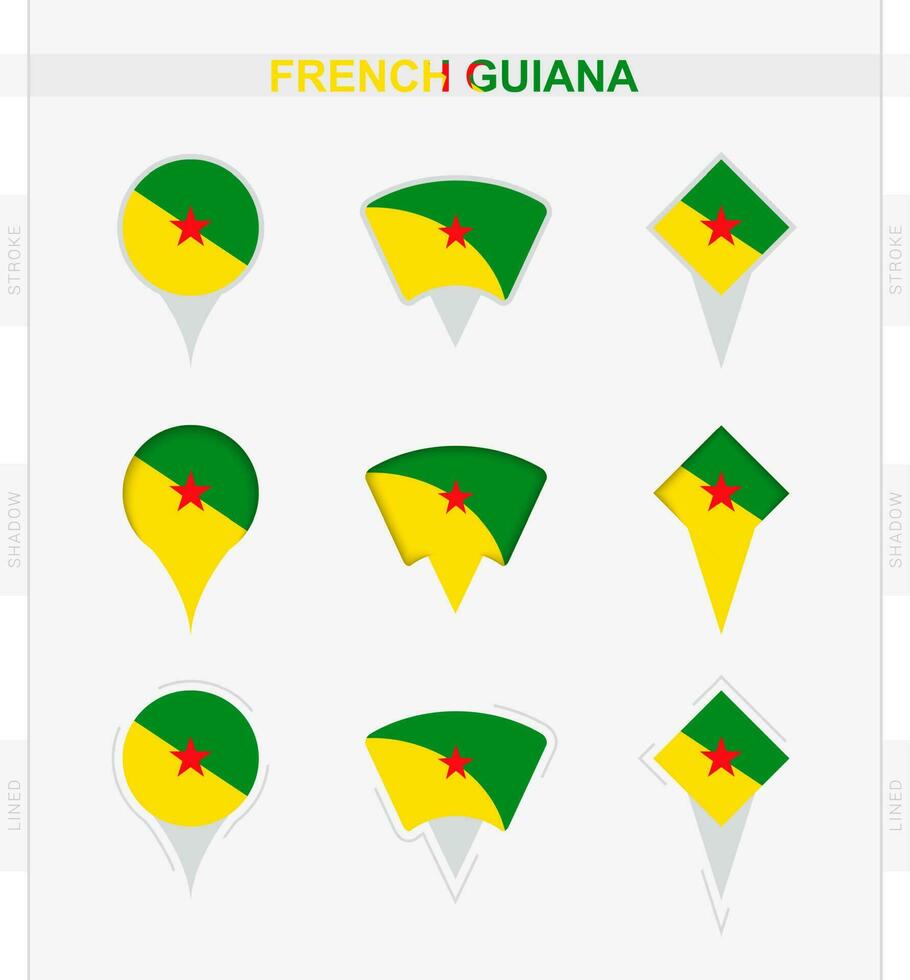 français Guyane drapeau, ensemble de emplacement épingle Icônes de français Guyane drapeau. vecteur