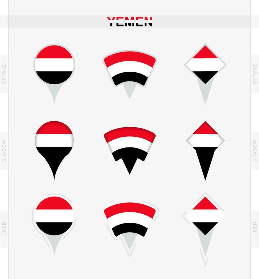 Yémen drapeau, ensemble de emplacement épingle Icônes de Yémen drapeau. vecteur