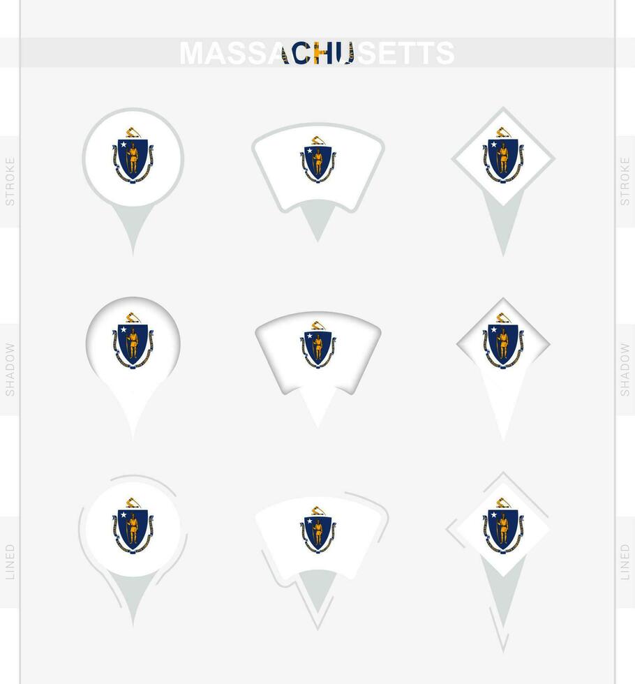 Massachusetts drapeau, ensemble de emplacement épingle Icônes de Massachusetts drapeau. vecteur