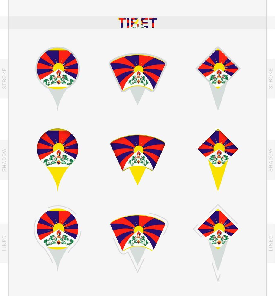 Tibet drapeau, ensemble de emplacement épingle Icônes de Tibet drapeau. vecteur
