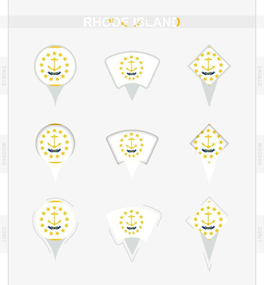 rhode île drapeau, ensemble de emplacement épingle Icônes de rhode île drapeau. vecteur