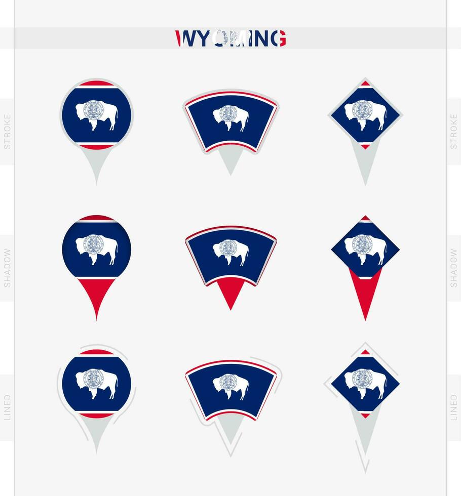 Wyoming drapeau, ensemble de emplacement épingle Icônes de Wyoming drapeau. vecteur