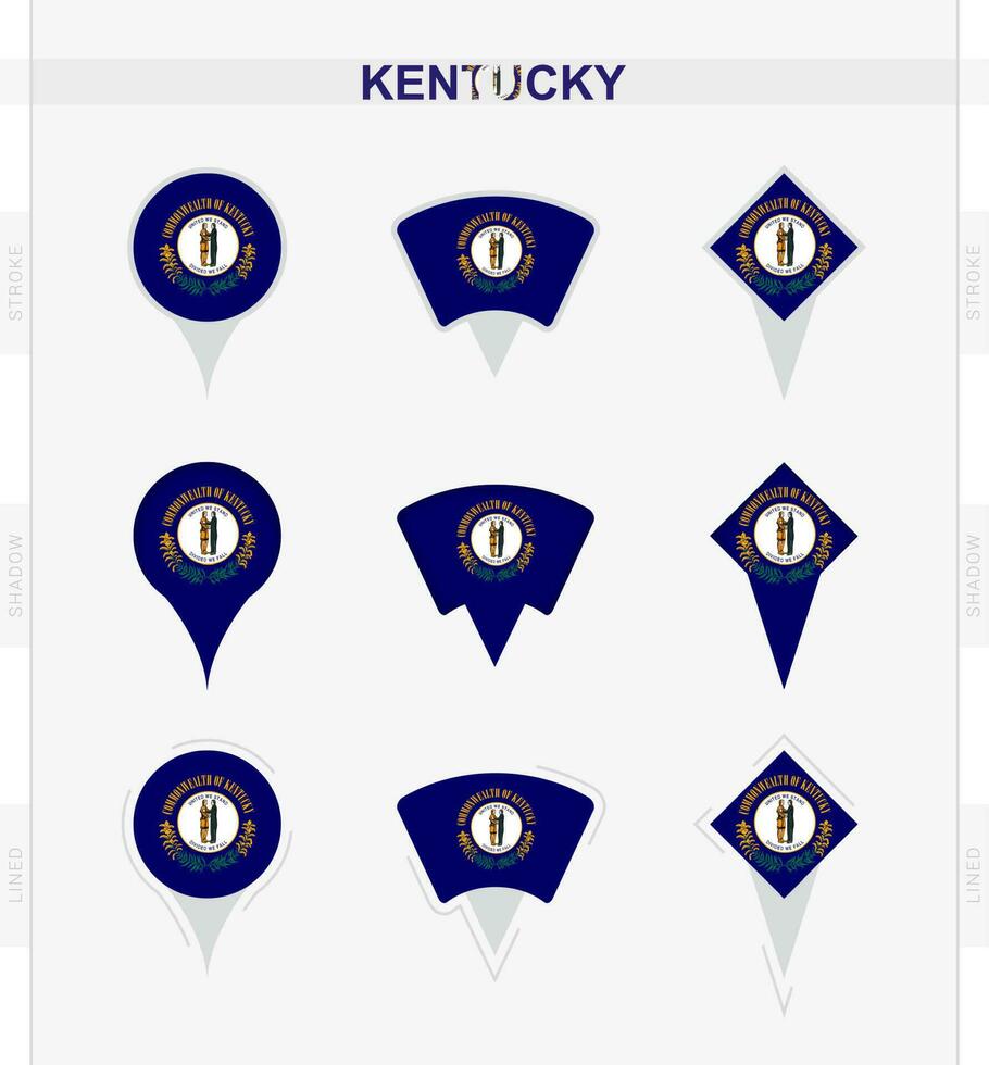 Kentucky drapeau, ensemble de emplacement épingle Icônes de Kentucky drapeau. vecteur