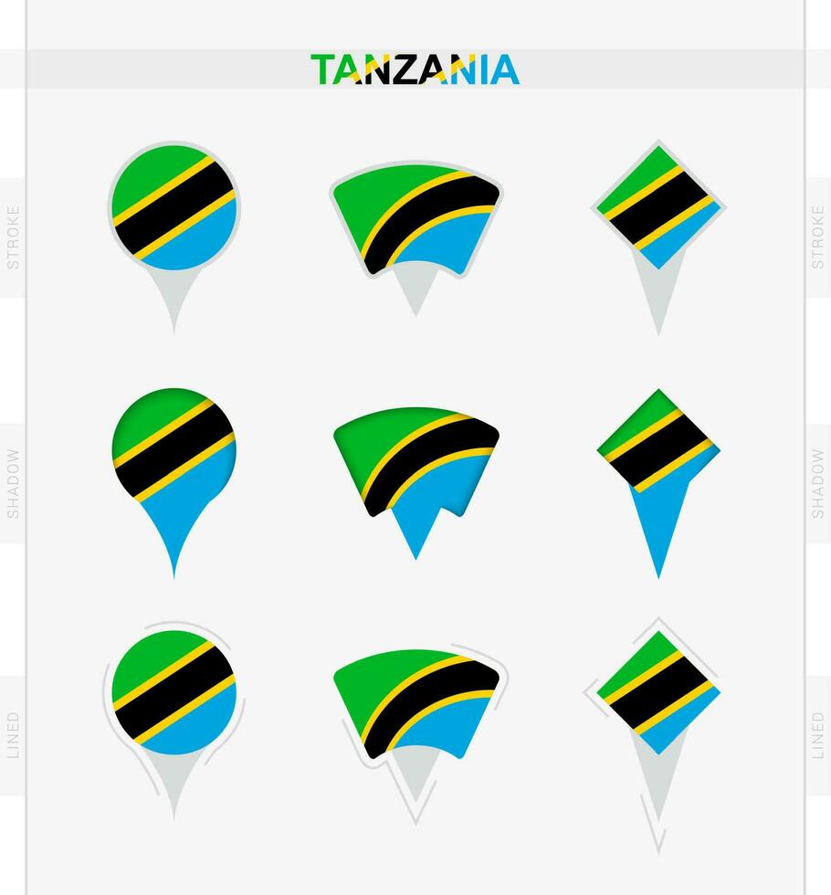 Tanzanie drapeau, ensemble de emplacement épingle Icônes de Tanzanie drapeau. vecteur