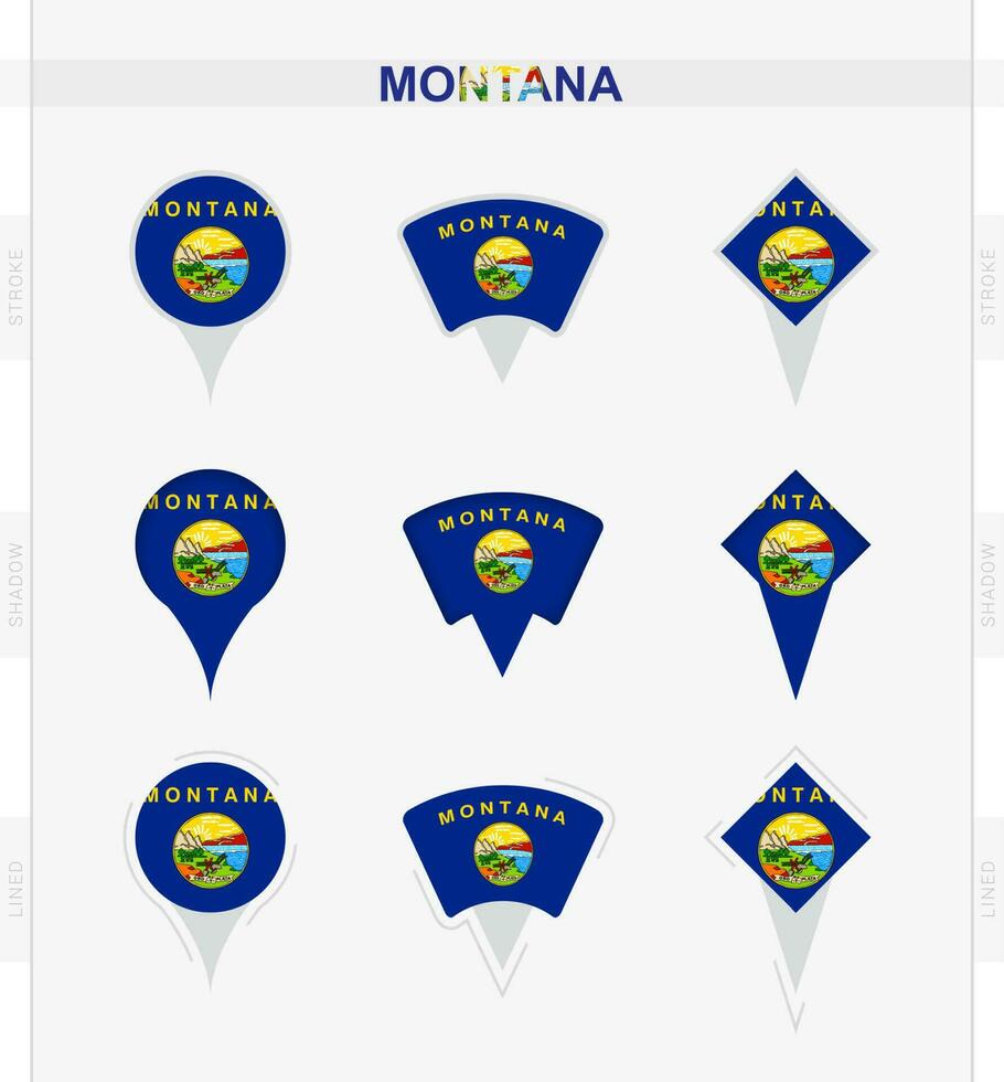 Montana drapeau, ensemble de emplacement épingle Icônes de Montana drapeau. vecteur