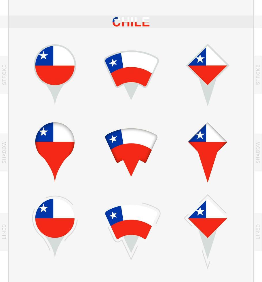 Chili drapeau, ensemble de emplacement épingle Icônes de Chili drapeau. vecteur