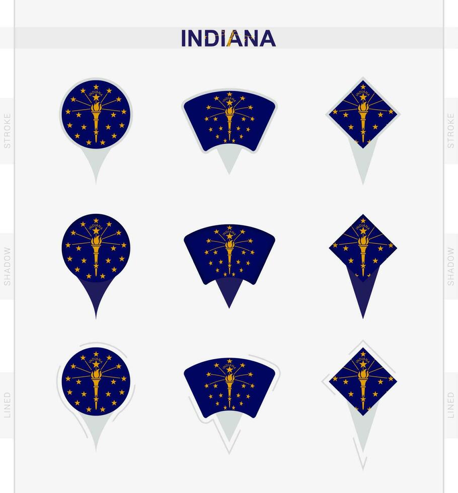 Indiana drapeau, ensemble de emplacement épingle Icônes de Indiana drapeau. vecteur