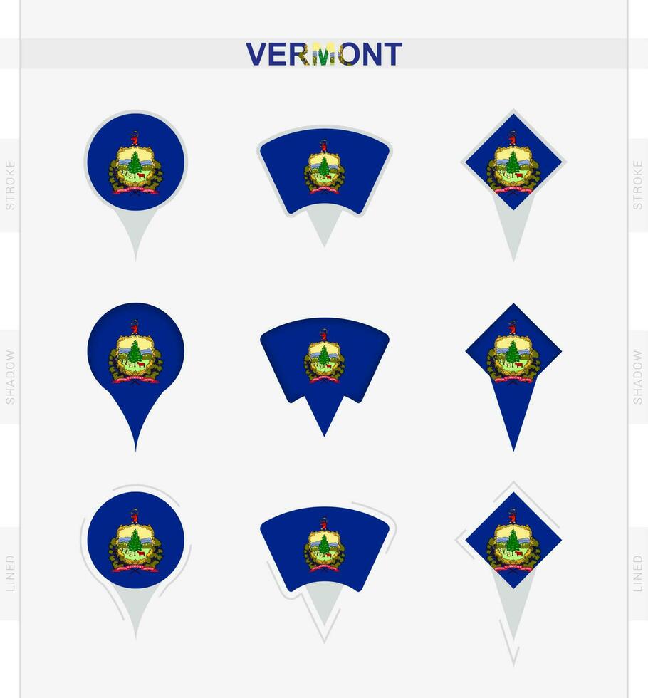 Vermont drapeau, ensemble de emplacement épingle Icônes de Vermont drapeau. vecteur