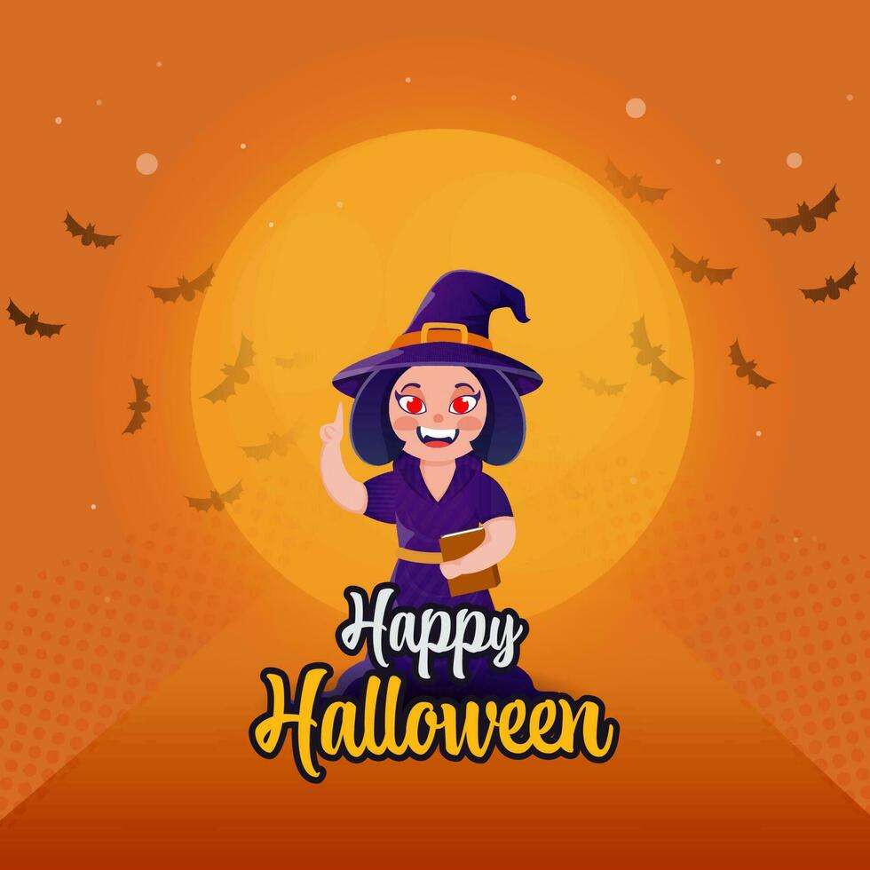 autocollant style content Halloween Police de caractère avec de bonne humeur sorcière en portant livre et en volant chauves-souris sur Orange demi-teinte Contexte. vecteur