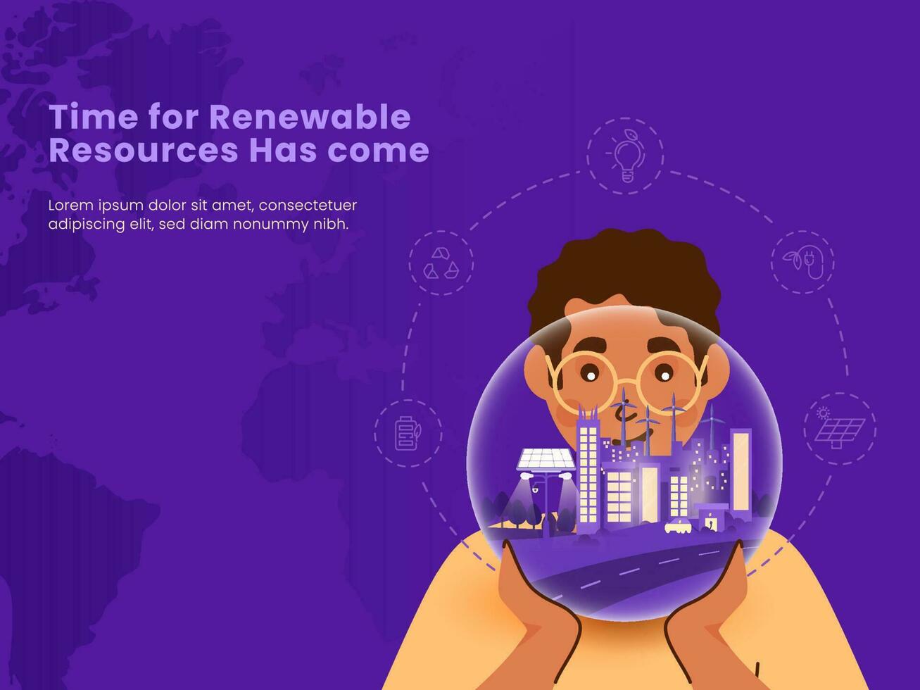 renouvelable énergie Ressources concept avec Jeune homme en portant éco ville globe sur violet Contexte. vecteur