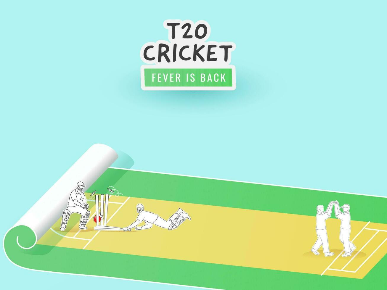 autocollant style t20 criquet fièvre est retour texte avec joueur de cricket joueurs dans différent pose sur papier faire défiler Cour de récréation. vecteur