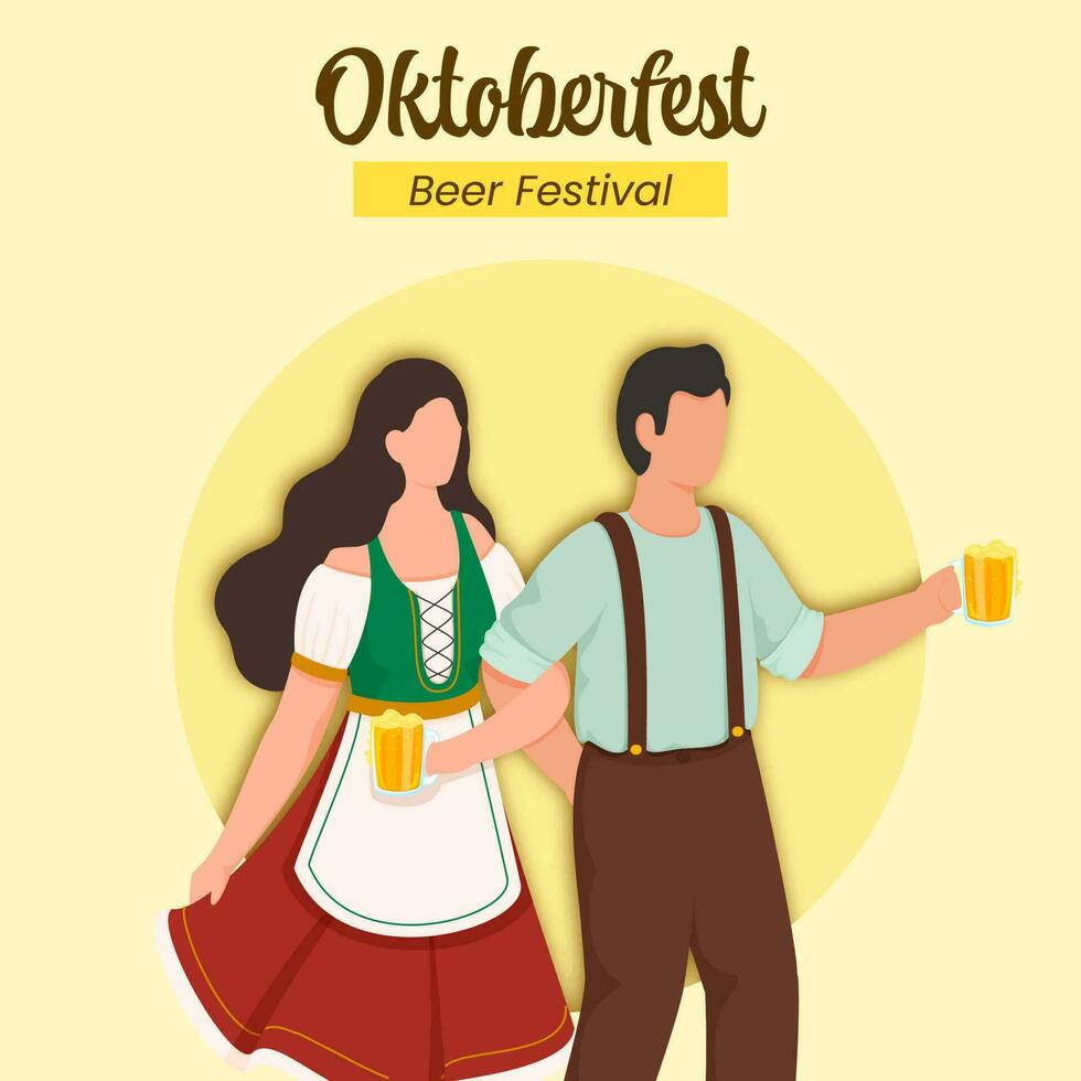 Bière Festival oktoberfest concept avec allemand couple portant traditionnel robe et Bière des tasses sur Jaune Contexte. vecteur