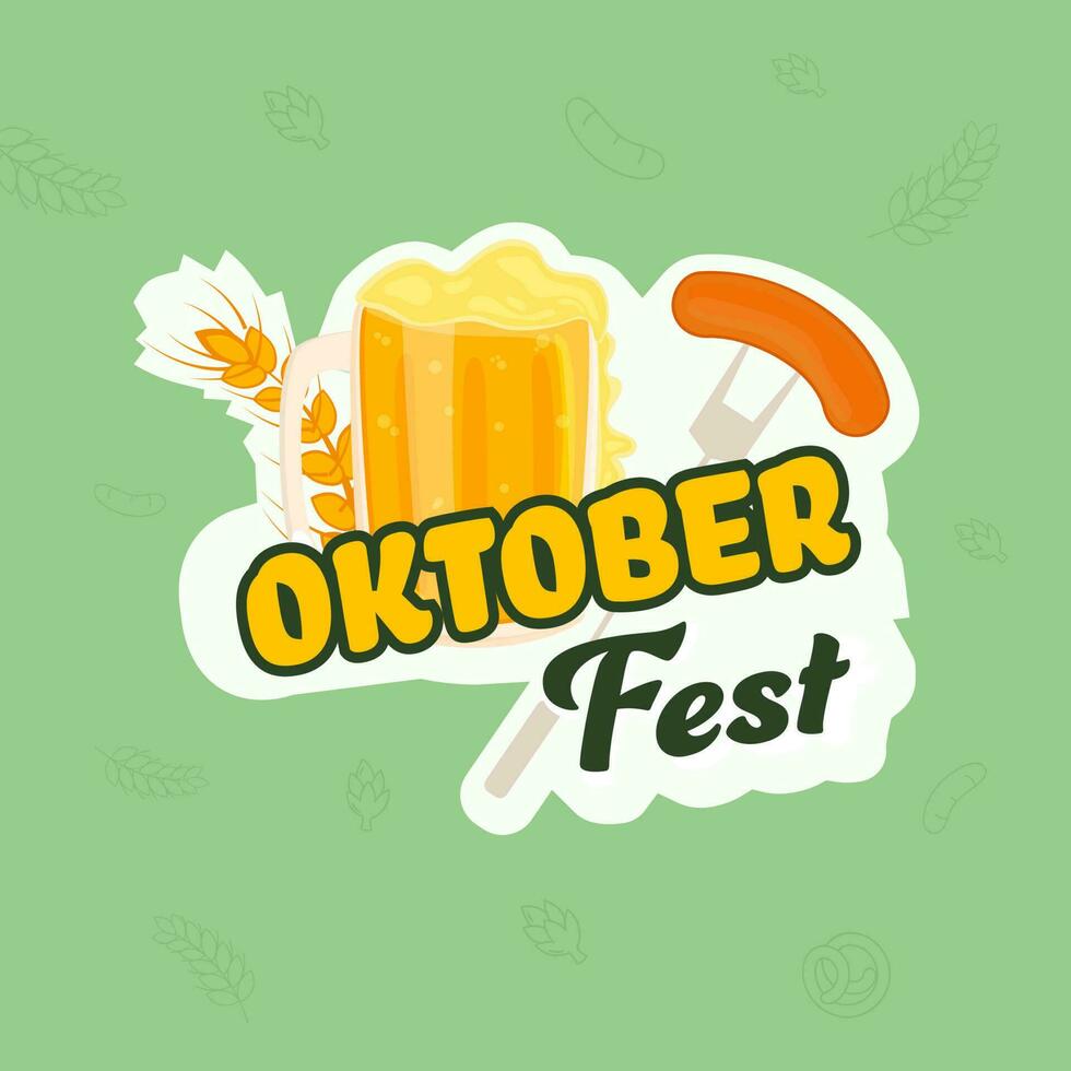 oktoberfest texte avec Bière tasse, blé oreille, saucisse fourchette sur blanc et vert Contexte. vecteur