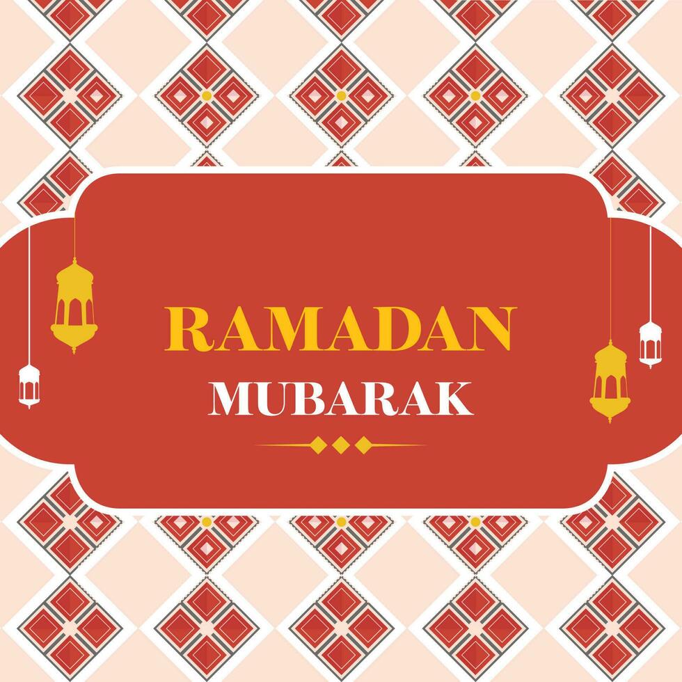 Ramadan mubarak concept avec lanternes pendre sur rouge et rose rhombe floral modèle Contexte. vecteur