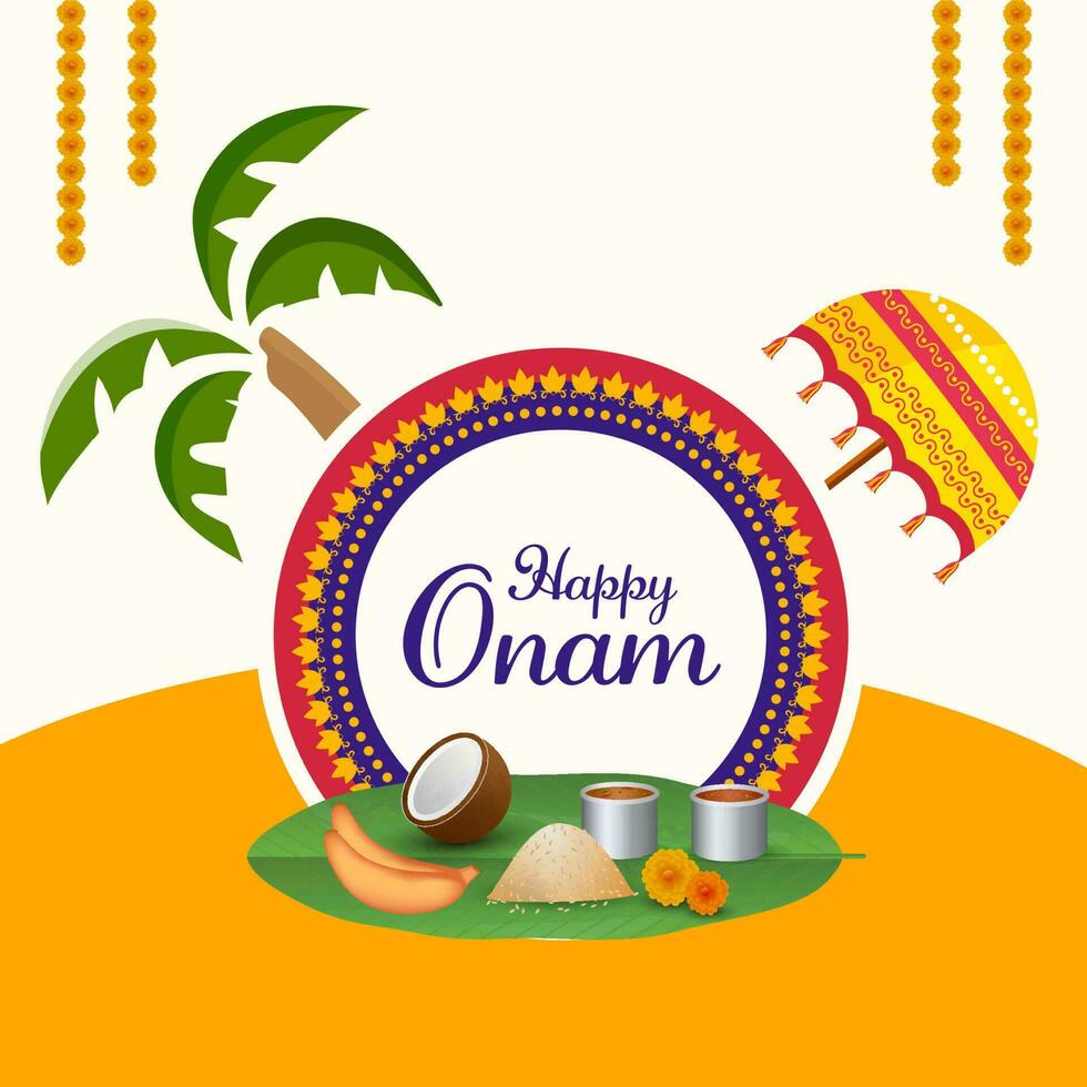 content onam fête concept avec traditionnel parapluie, noix de coco arbre, sadhya nourriture sur Orange et blanc Contexte. vecteur