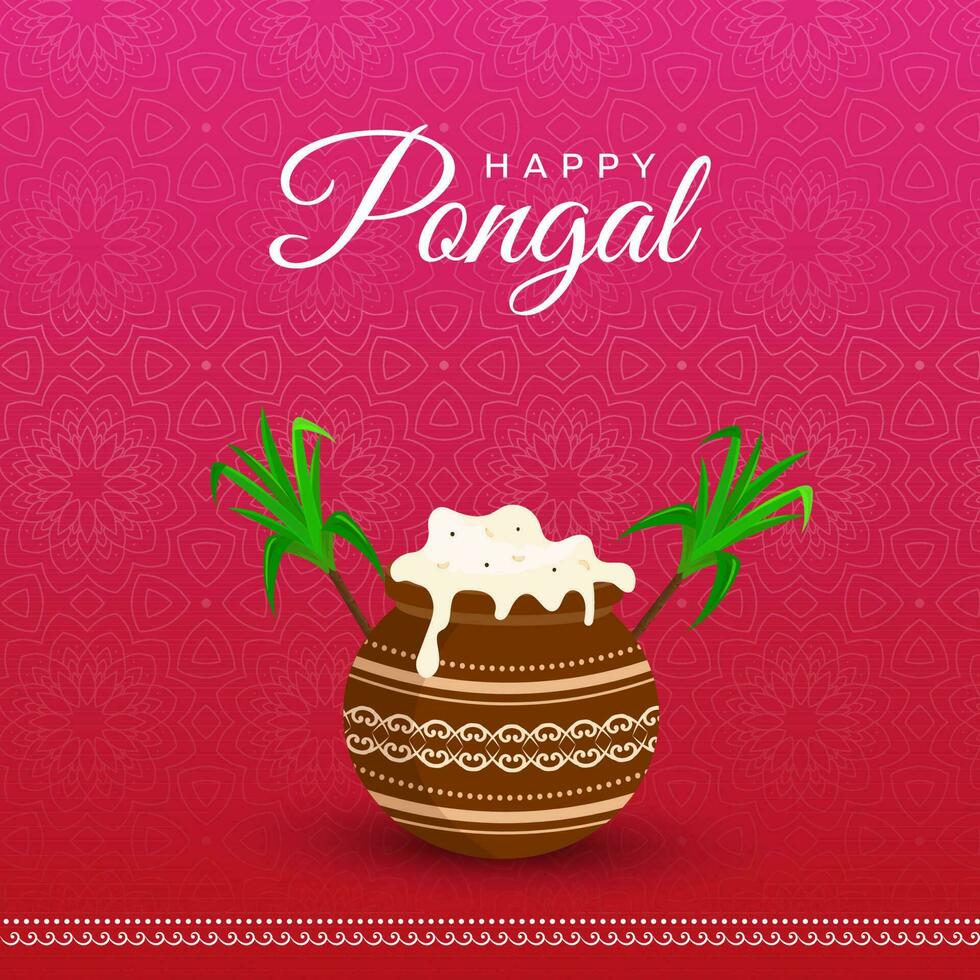 content pongal fête concept avec traditionnel plat dans boue pot, canne à sucre sur pente rose et rouge mandala modèle Contexte. vecteur