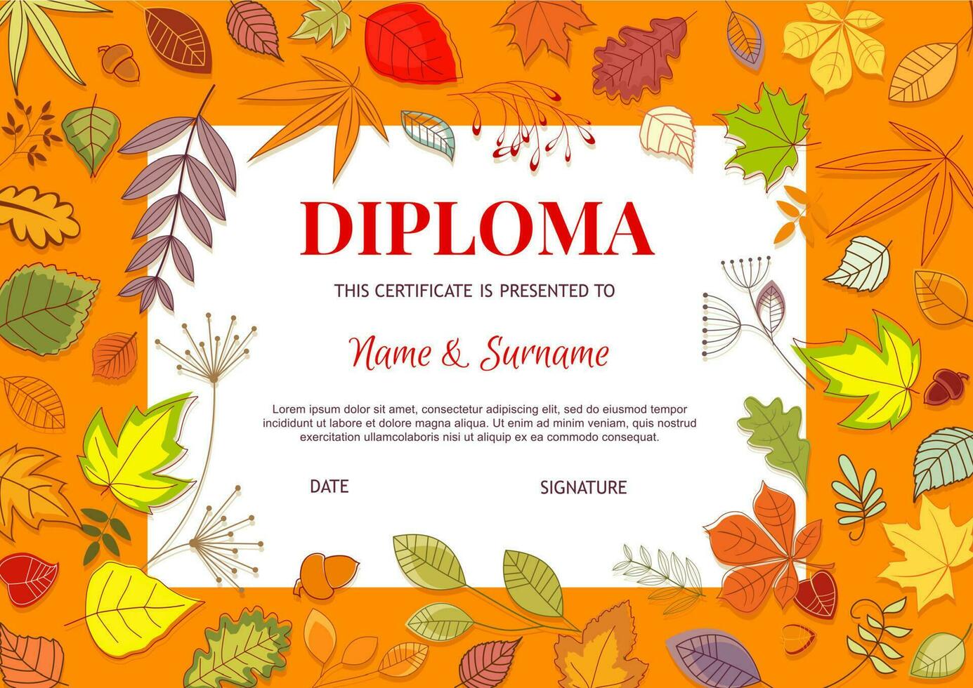 des gamins diplôme avec l'automne feuilles vecteur modèle