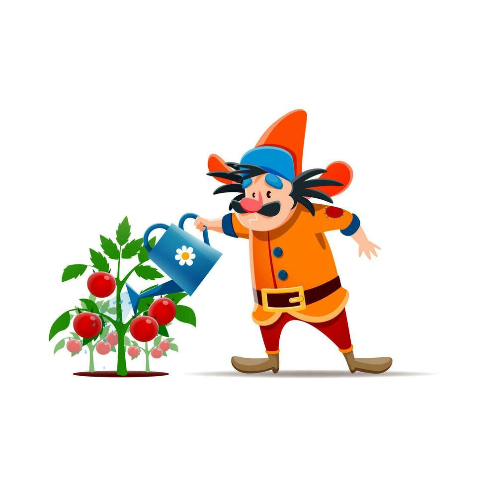 dessin animé gnome agriculteur personnage avec arrosage pouvez vecteur