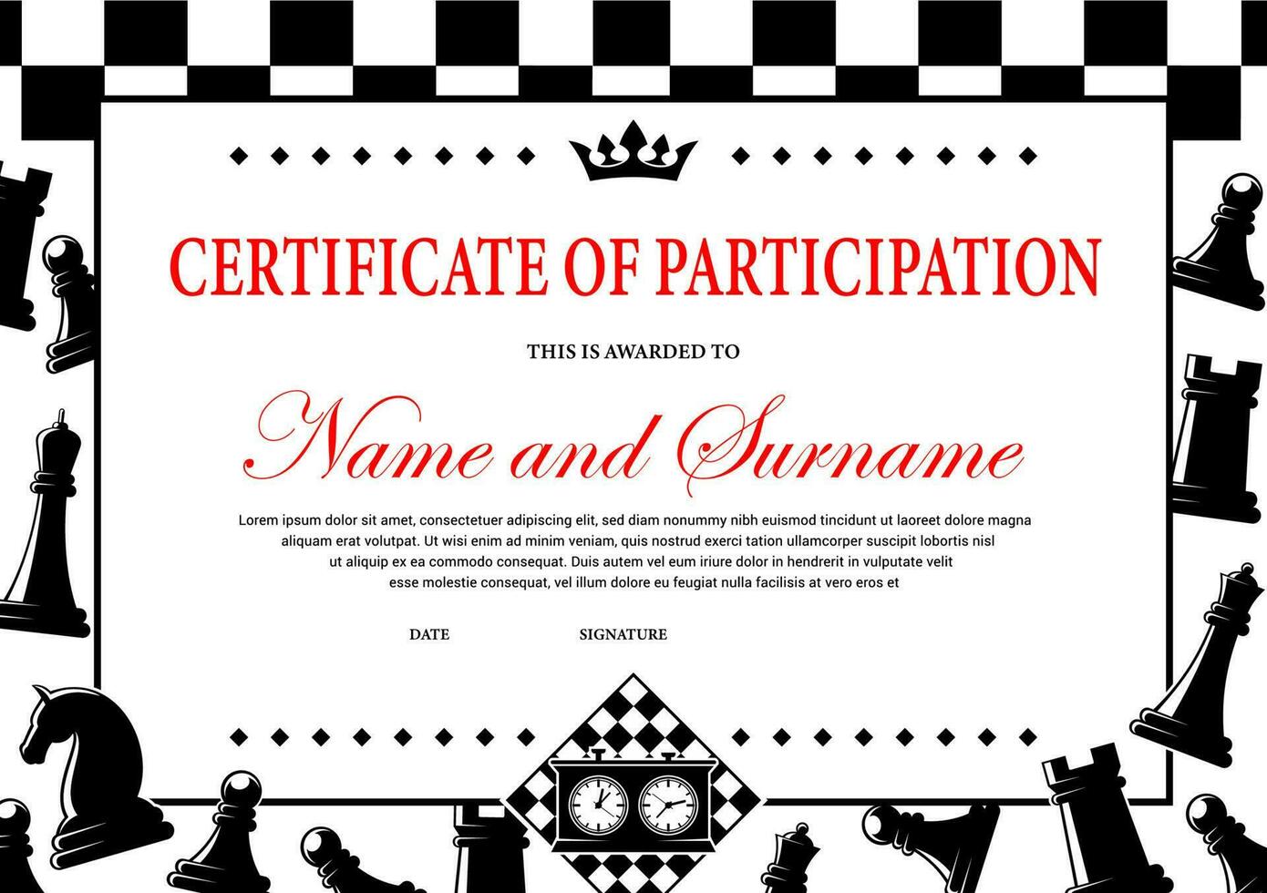 échecs tournoi participation certificat, prix vecteur