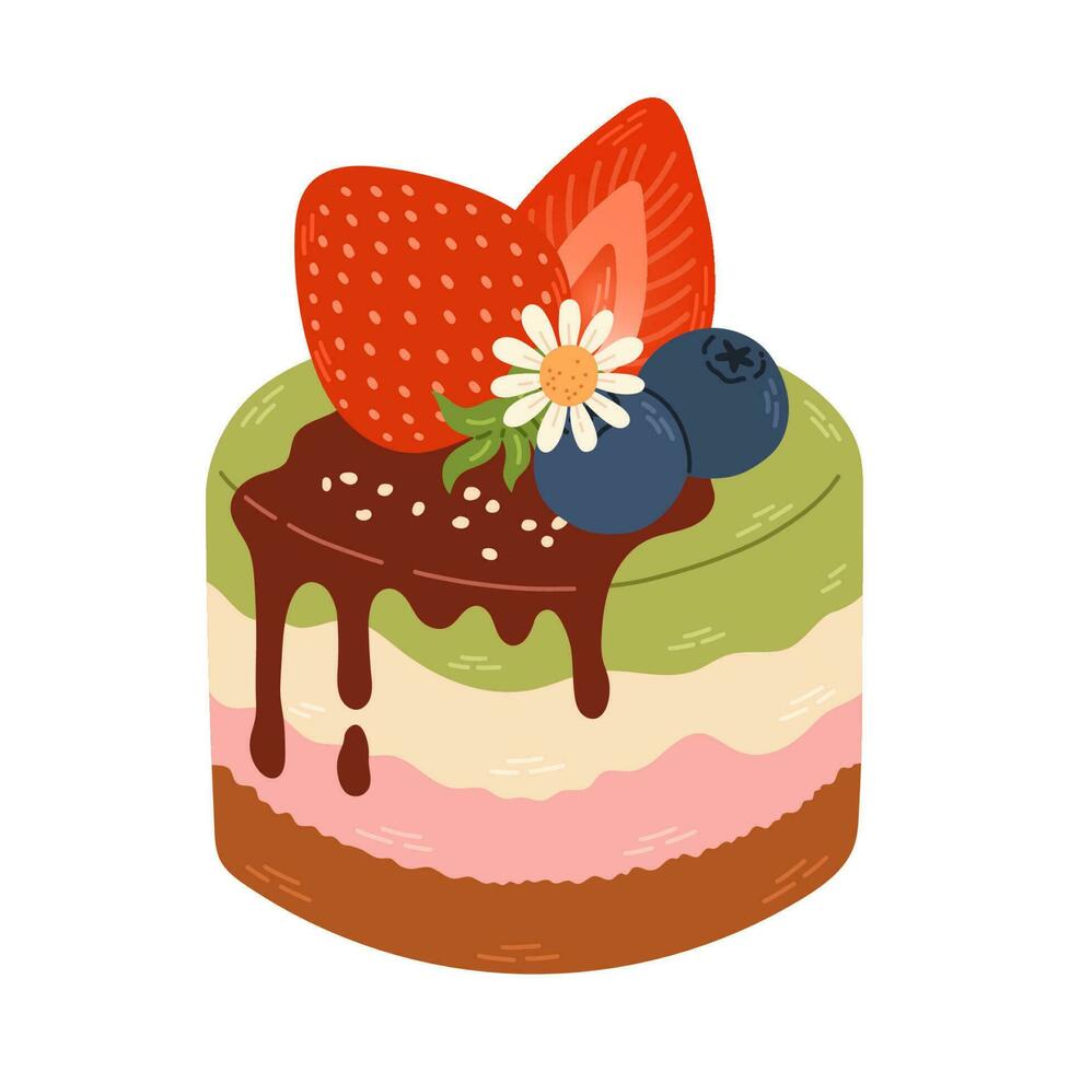 dessin animé dessin de une gâteau avec une fraise et myrtilles sur il. mignonne fraise dessert plat vecteur. délicieux sucré dessert avec fraise saveur pour Valentin journée. vecteur illustration