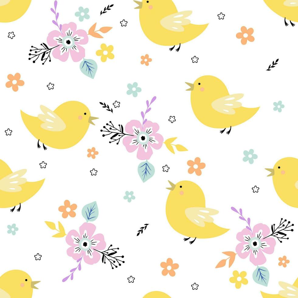 mignonne Jaune des oiseaux avec délicat fleurs vecteur