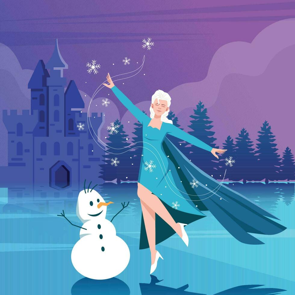 fille dans bleu robe dansant sur la glace avec une bonhomme de neige vecteur