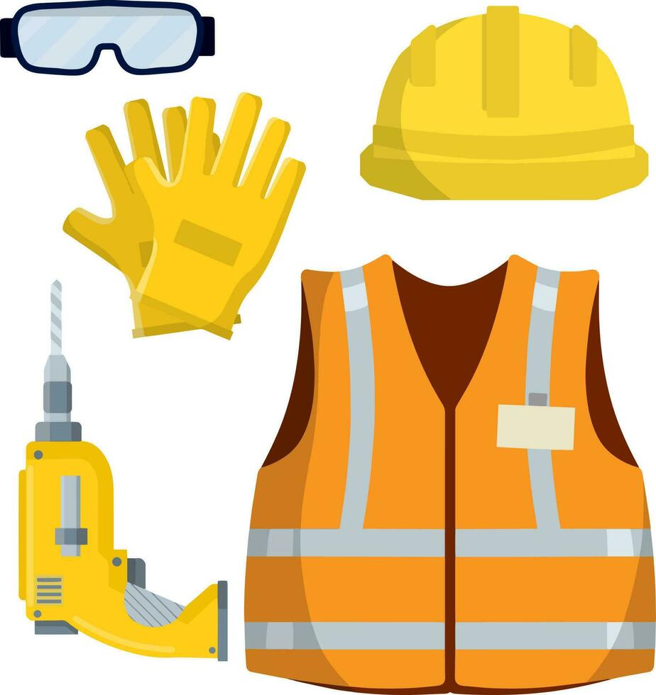 Vêtements et outils le ouvrier et le constructeur. Orange uniforme, gants, percer, des lunettes de protection et casque. industriel sécurité. trousse articles et objets. type de profession. dessin animé plat illustration vecteur