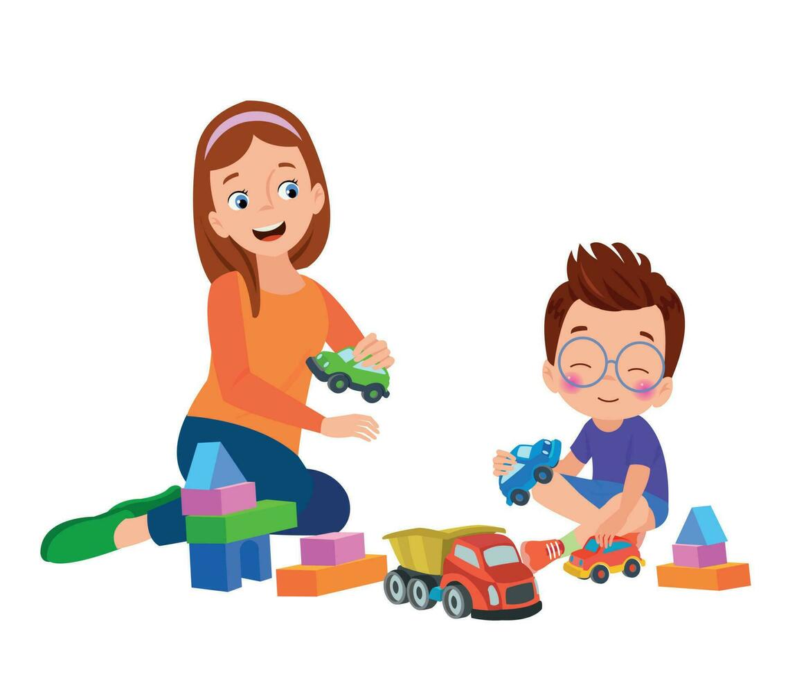 une garçon et une fille en jouant avec jouets vecteur